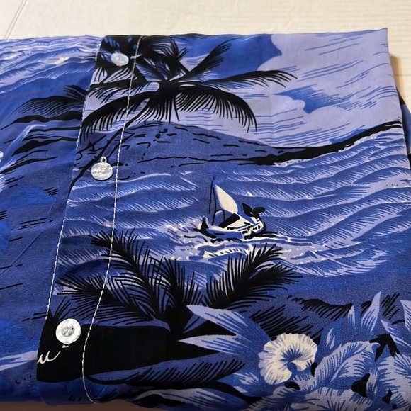 Vintage Han Ton blue palm trees aloha Hawaiian button camp shirt flowers XXL/2XL - Picture 5 of 13